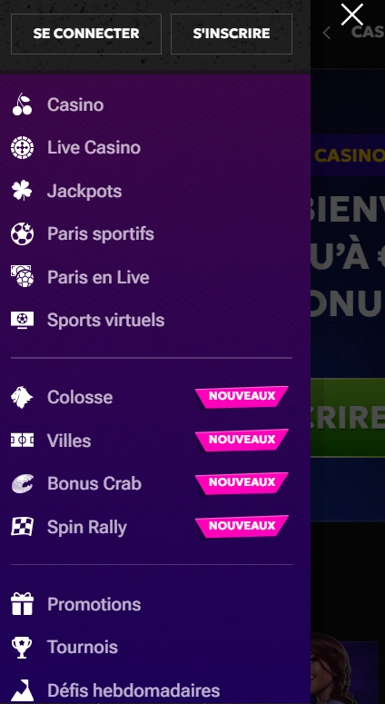 RTBet Casino Menu mobile